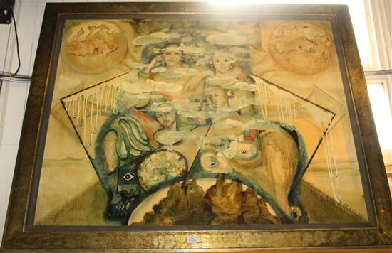 Large abstract, oil on canvas, with figures and planets, signed and dated 89